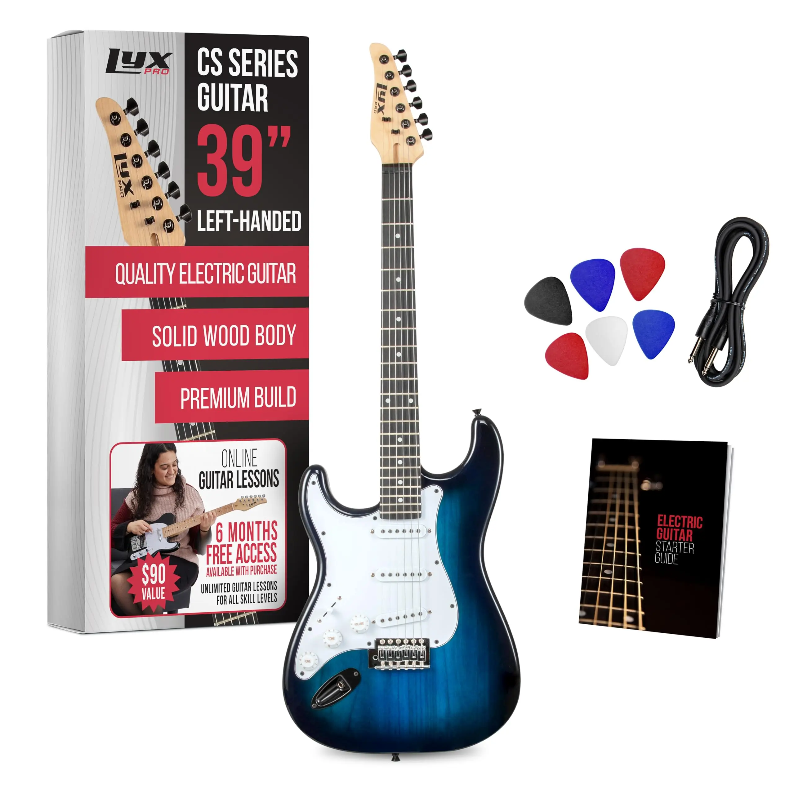 LyxPro CS 39” Left Hand Electric Guitar Kit for Beginner with Amp Cable, 6 Picks & Guide