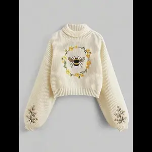 Women's Cartoon Bee Embroidery Drop Shoulder Sweater, Casual Knitting Long Sleeve High Neck Jumper for Spring & Fall, Chic Knitwear for Women, Fashion Women's Knitwear for Daily Wear, Womenswear
