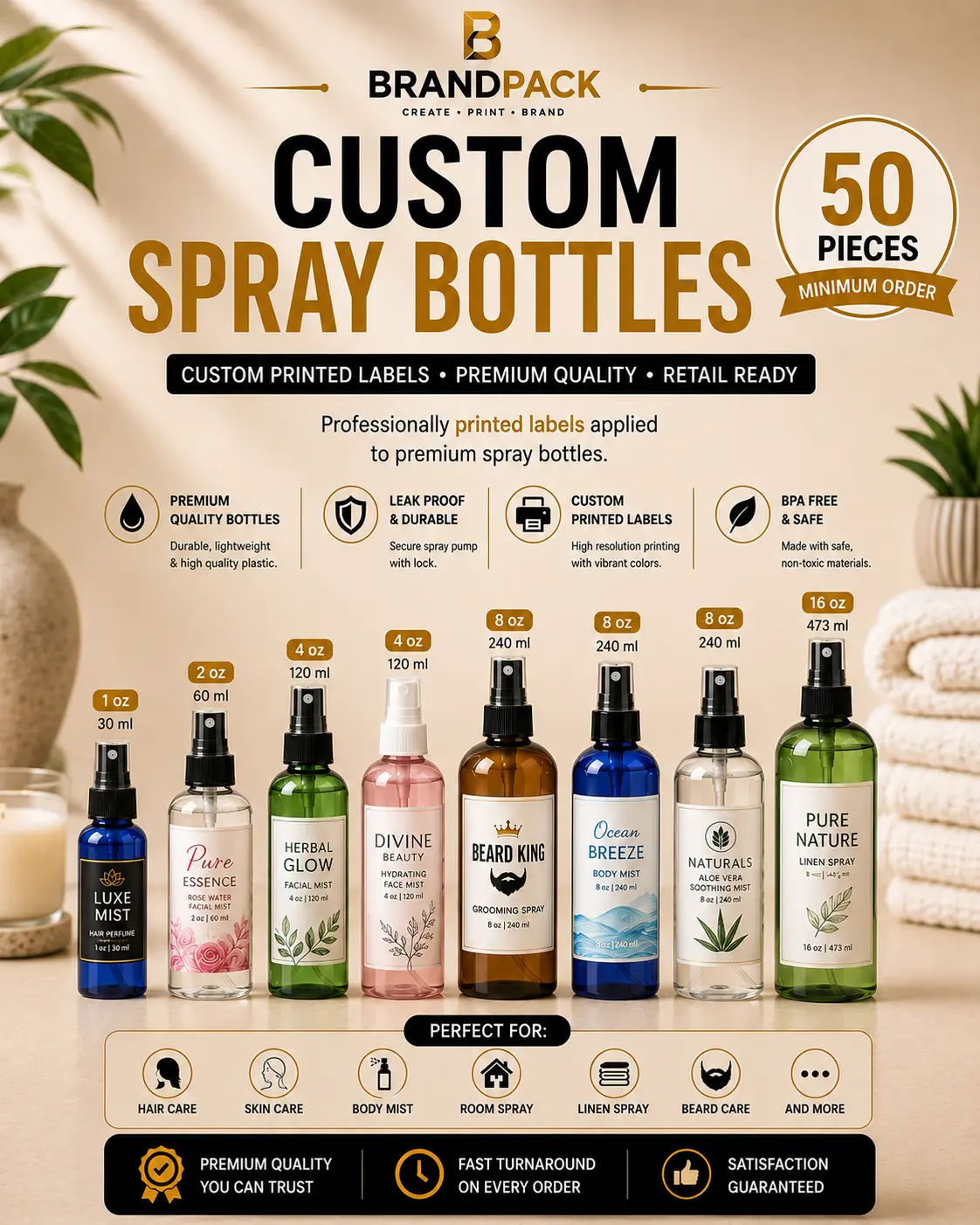 Premium Custom Spray Bottles – Waterproof Label Application - 50 Pieces