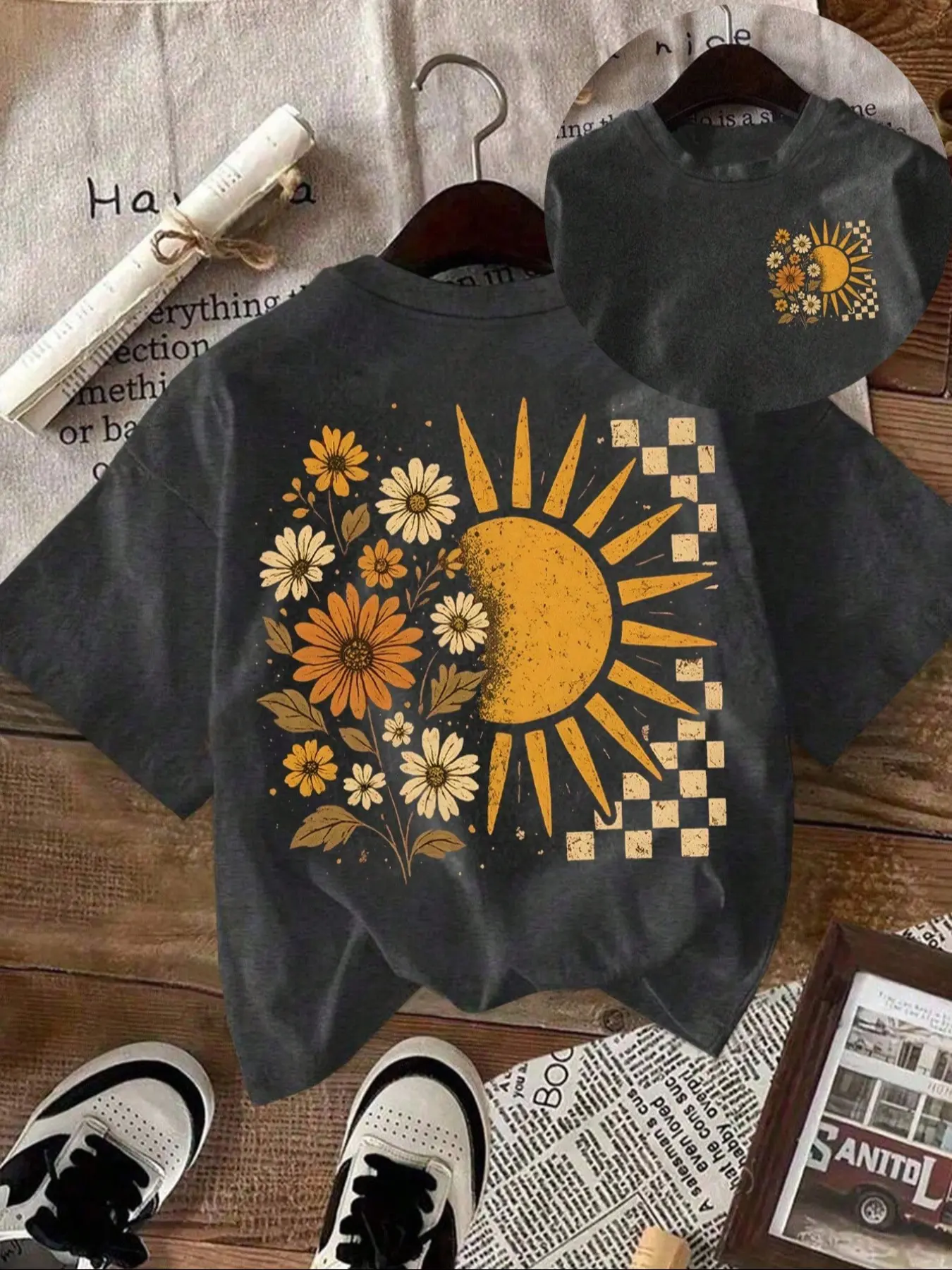Women's Sunflower Print Round Neck Short Sleeve T-Shirt, Casual Loose-Fitting Summer Top, Soft Breathable Lightweight Fabric, Perfect for Daily Wear, Floral