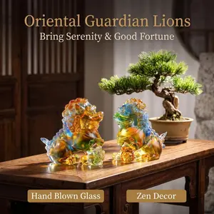 100% Hand Blown Liuli Fu Lion Statue Set - Colorful Gradient Art Glass, Traditional Chinese Guardian Lions, Feng Shui Home Office Decor, Oriental Gift Ornament