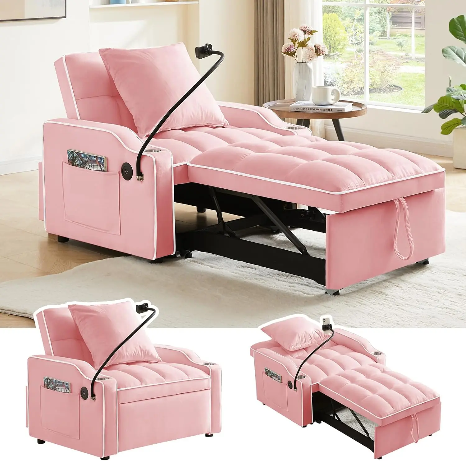 Convertible Single Sleeper Chair Bed,3 in 1 Velvet Futon Sleeper Sofa Bed with Phone Holder&USB Ports,Pull Out Couch Bed,Adjustable Recliner Armchair bed for Living Room,Office,Small Places(Pink)