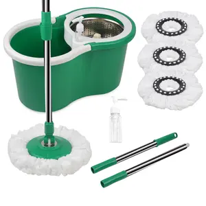 Spin Mop Bucket Set with 3pcs Replacement Microfiber Mop Heads, 61inch Extandable Stainless Steel Handle, Hand Press Washing & Drying Home Cleaning Tools