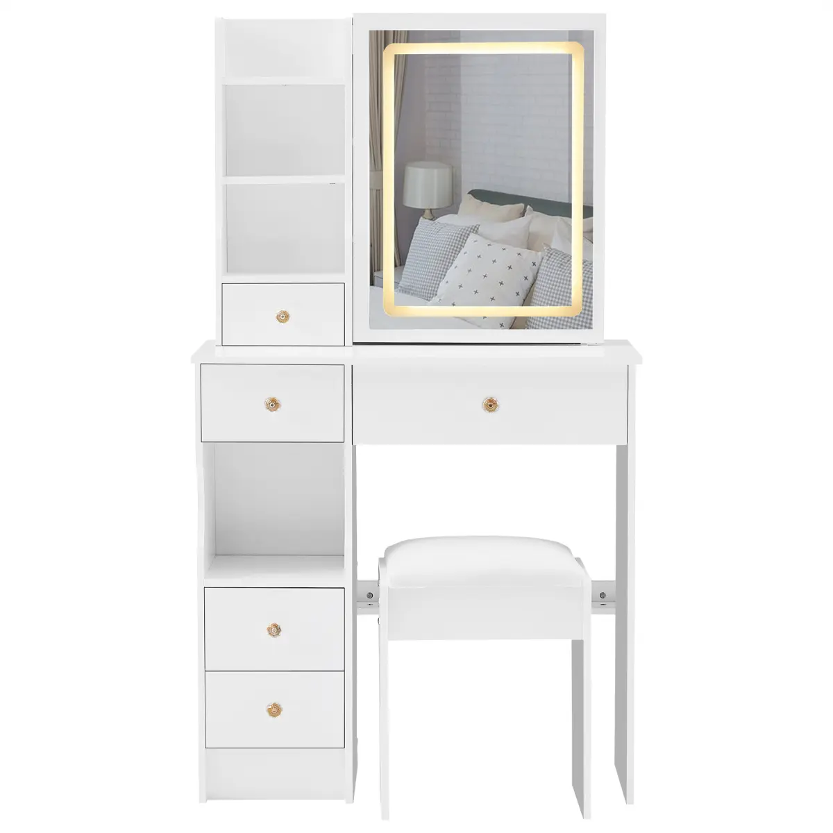 LED Makeup Vanity with Vanity Setup - 29.2x50.4in Compact Size Stand-Alone Dresser, 3-Color Adjustable Brightness Touch Mirror, Cushioned Stool, Easy Assembly Guide & Video Help (Assembly Required) for Teen Girls