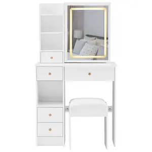 29.2*50.4 Inch Small Space LED Makeup Vanity Set 3 Color Adjustable Brightness Touch Mirror Light Dressing Table with Cushioned Stool Compact Size for Teen Girls Easy Assembly Guide & Video Provided