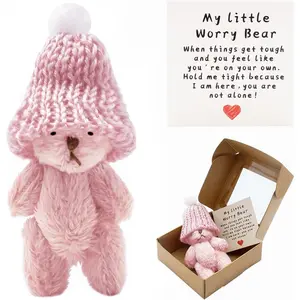 Mini Worry Bear with A Hat, Positive Mini Bears, Little Worry Bears in A Box with Encouragement Little Card, Soft  Pocket Bear for Lovers, Family,