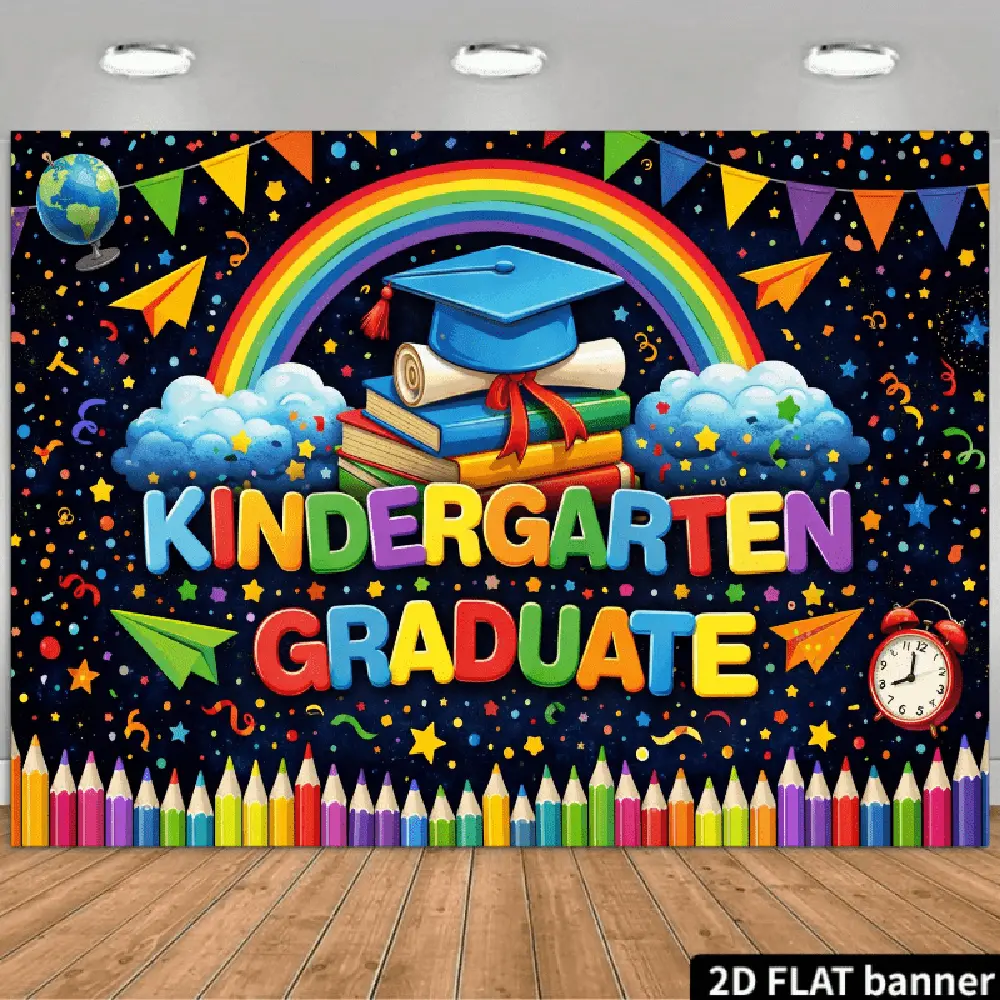 1PC 2D Flat Backdrop - Kindergarten Graduate Decorative Banner, Children's Graduation Party Photo Background Wall with Rainbow, Books, Bachelor Cap Elements
