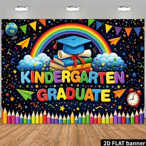 1PC,2D Flat Backdrop Kindergarten Graduate Decorative Backdrop, Children's Graduation Party Decoration Banner, Rainbow Books Bachelor Cap Elements Photo Background Wall