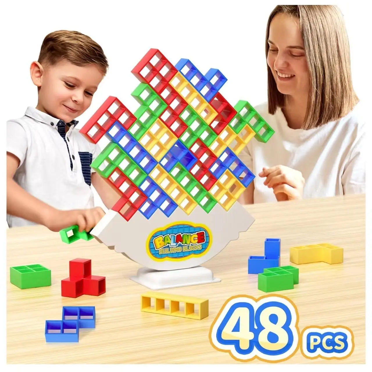 Ziogogco 48Pcs Balance Stacking Blocks Game, Gift for Kids Ages 3-14 | Gets kids thinking. Includes 22 cards and a travel storage bag. Great for birthdays, Christmas, and stocking stuffers