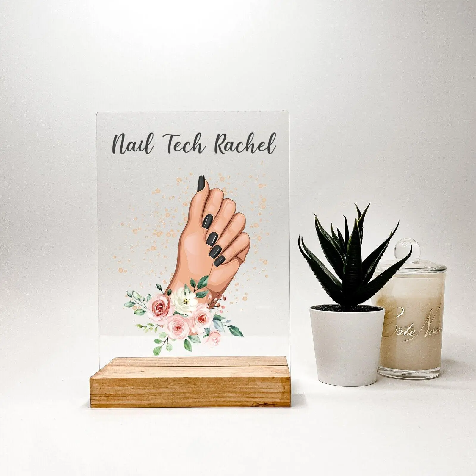 Personalized Wood Base Stand Nail Technician Name Plate – Custom Beauty Salon Desk Display Sign, Manicurist Office Décor, Acrylic Engraved Gift for Nail Artist