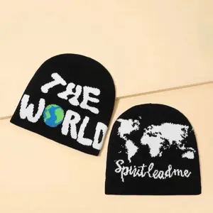 Black Knit The World Beanie - Christian Graphic Hat with Faith-Themed Religious Slogans "The World" and "Spirit Lead Me" for Men and Women, Christian Graphic Hats, Faith-Themed Slogan Hats