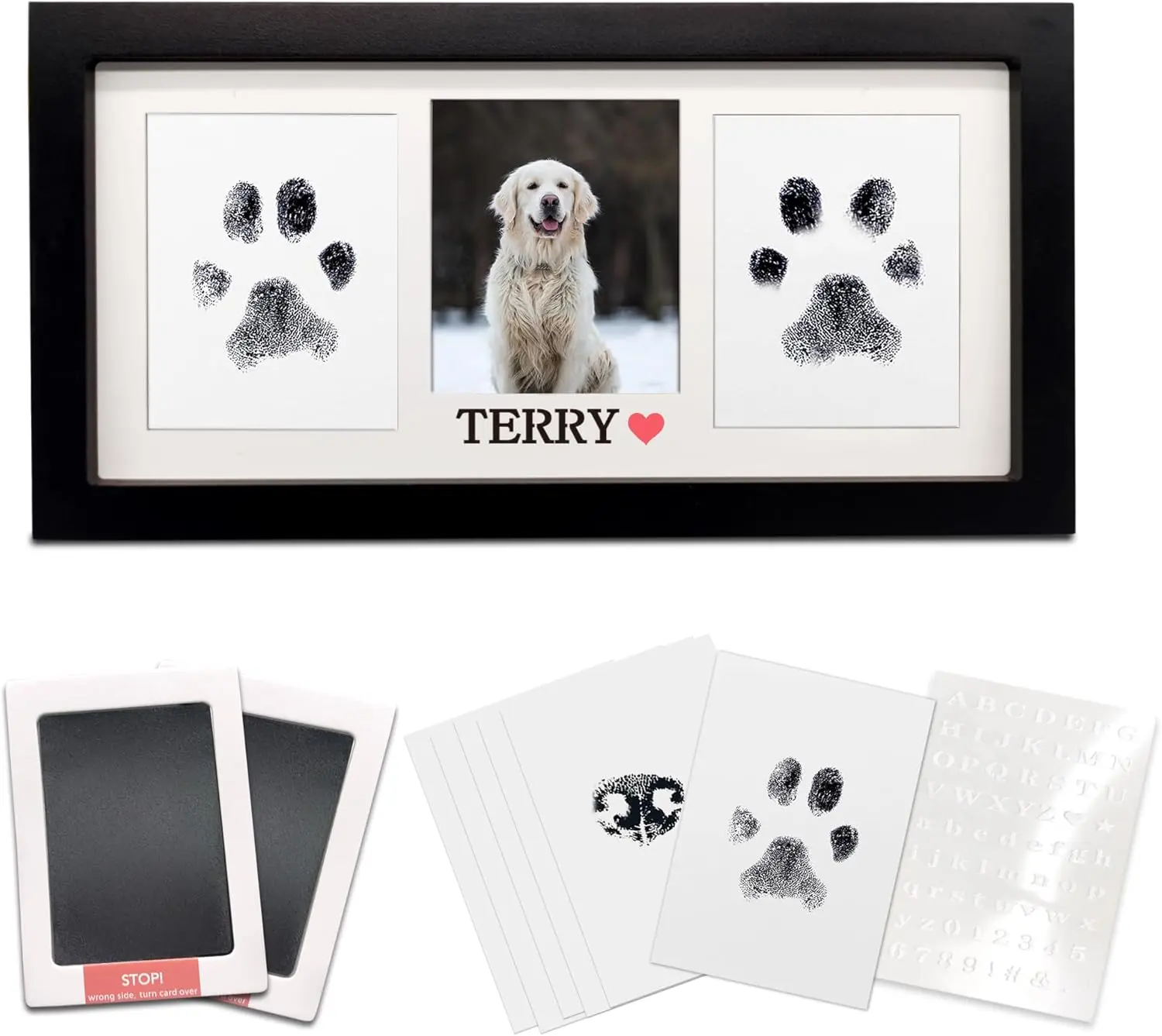 Paw Print Frame & Ink Pads Kit,Dog or Cat Paw Print Kit,2 No Mess Ink Pads for Pets,Paw Print Stamp Pad for Dogs,Wooden Pet Memorial Frame,Personalized Pet Paw Print Gifts