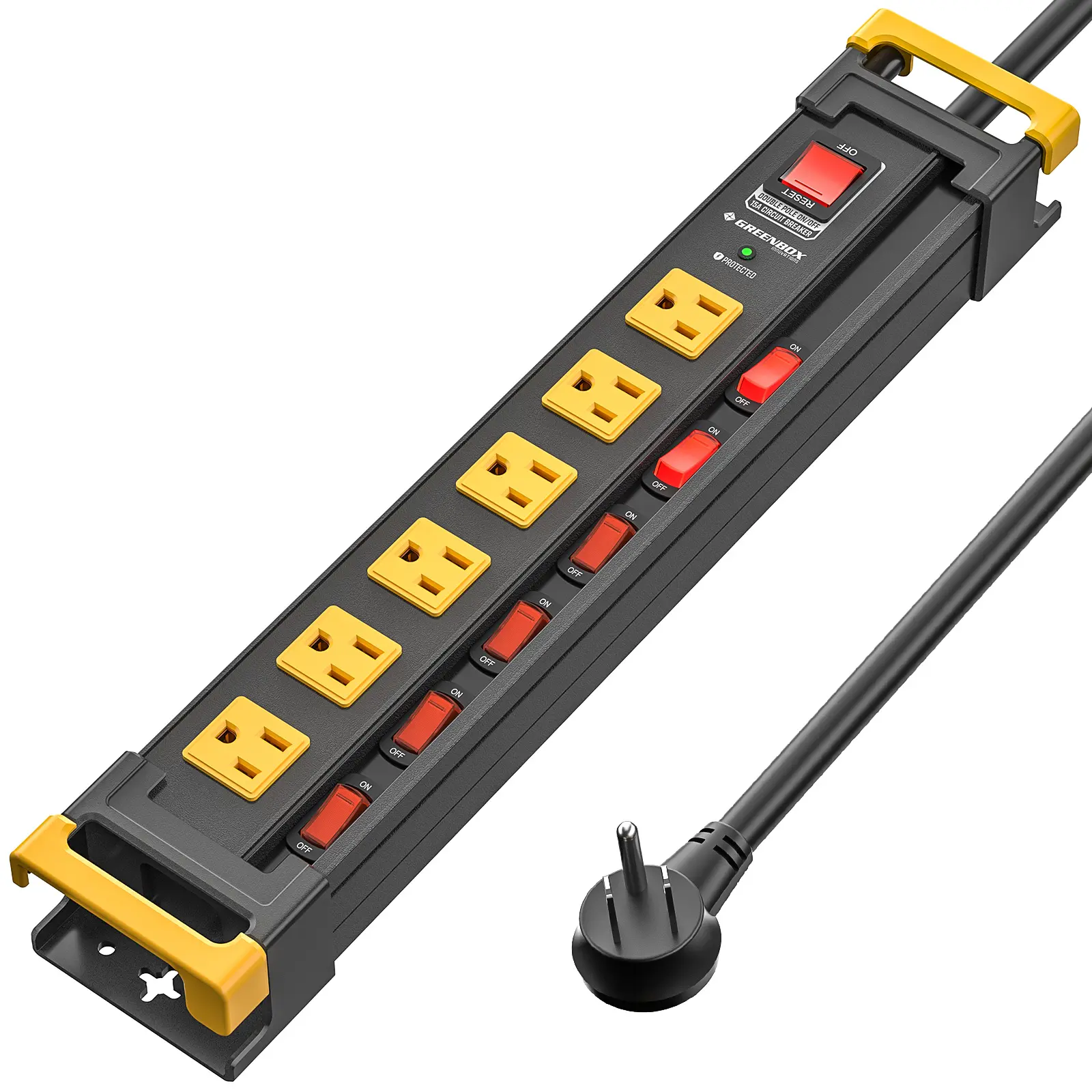 Mountable Metal Surge Protector Power Strip with Individual Switch 6-outlets 3300J Surge Protection, Integrated Cable & Card Holder, Flat Plug Long Extension Cord ETL Certified