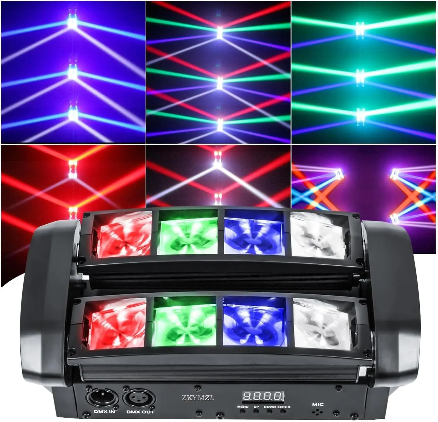 ZKYMZL RGBW Moving Head DJ LED Spider Beam Stage Light - Sound Activated, DMX512 Control, Music Sync, RGB Changing Atmosphere Light for Parties, Weddings, Music Sync Light