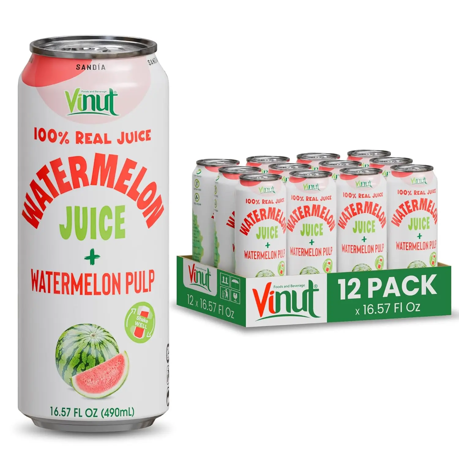 Vinut Natural Watermelon Juice Drink with Real Pulp, Tropical Beverage (16.57 oz, 12 Pack)
