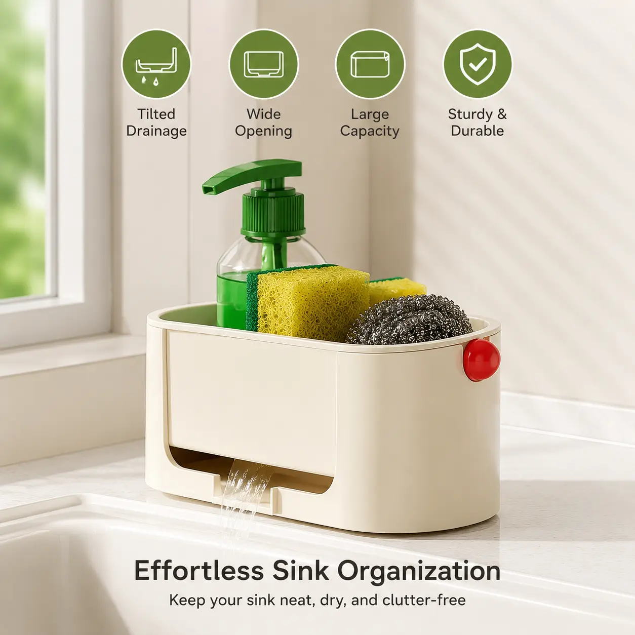 1 Count Kitchen Sink Storage Rack, Detachable Hollow Draining Organizer for Storing Sponges, Detergent and Cleaning Supplies Near Kitchen Sink