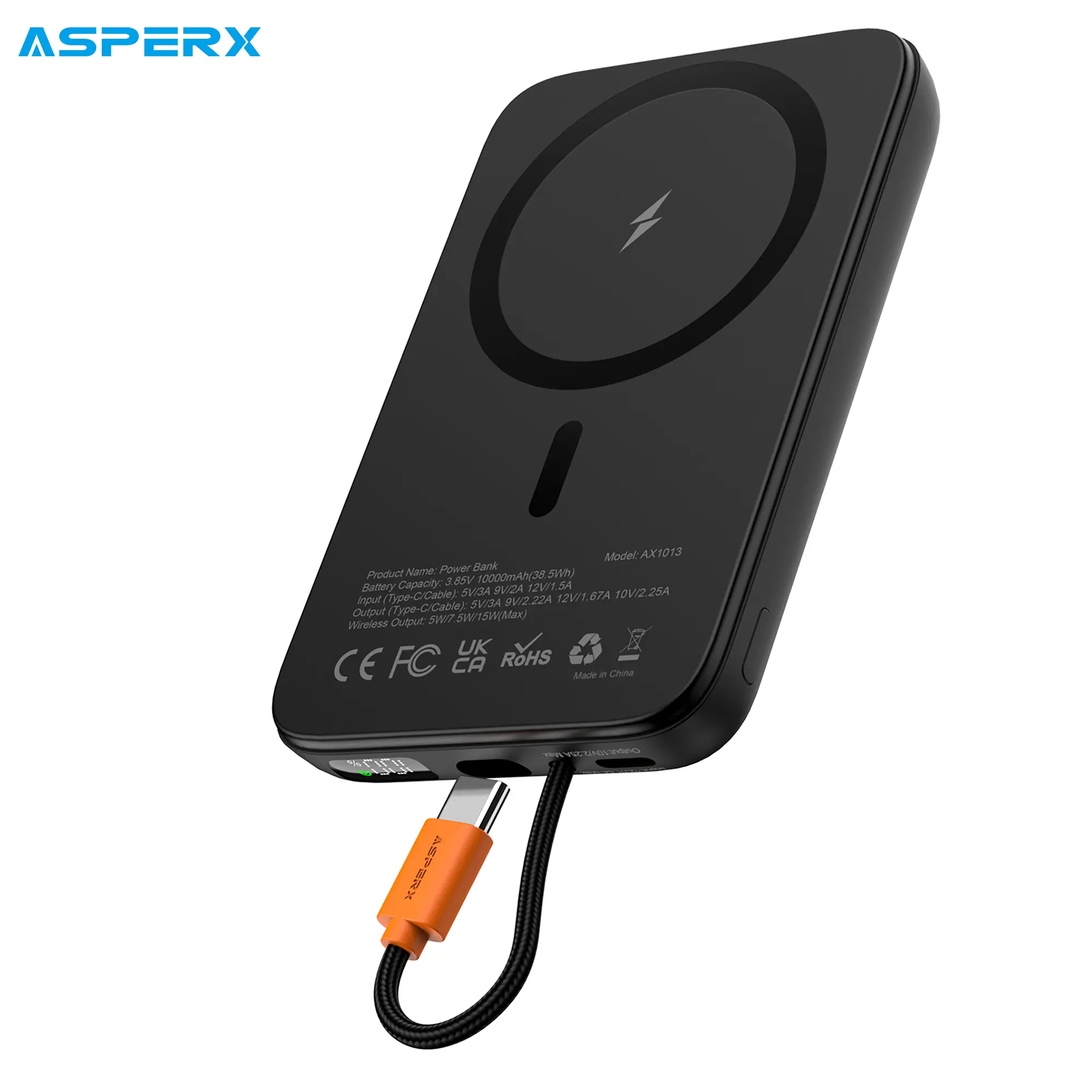 ASPERX Magnetic Power Bank, 10000mAh Portable Phone Charger, 15W PD Wireless Fast Charging, Built-in USB-C Cable for iPhone 17/16/15, Samsung S22/S21