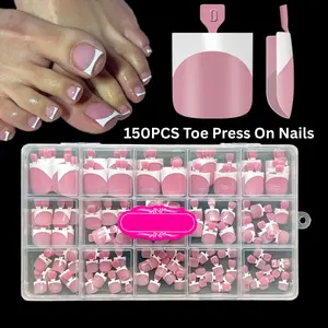 150PCS Toe Press On Nails – French Tip Square Toenails, Pre-Designed Soft Gel Full Cover False Toenail Extensions, Berry Pink Acrylic Toes for DIY Pedicure, 15 Sizes