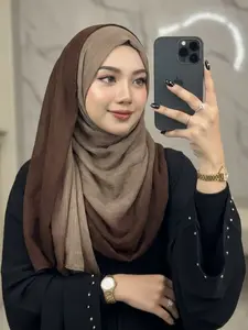 Women's Breathable Modal Long Scarf, Layered Hijab, Gradient Color Block Design, Soft Fabric Comfort Fit, Ramadan Fashion Accessory