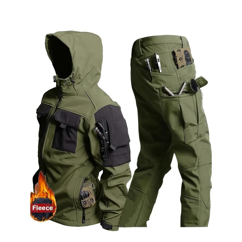 Men's Windproof Fleece Lined Hooded Jacket and Set, Multi-Pocket Design - Durable Polyester Outdoor Gear, Suitable for Hiking, Camping Riding and Camping Accessories tracksuit outfit Unisex Street Style Hoodsolid color long sleeve hoodiathletic activewear