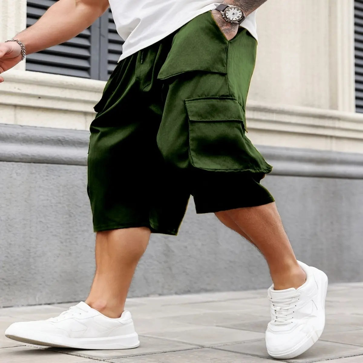 Plus Size Solid Cargo Shorts For Big & Tall Guys, Men's Outdoor Sports Summer