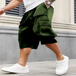 Plus Size Solid Cargo Shorts For Big & Tall Guys, Men's Outdoor Sports Summer