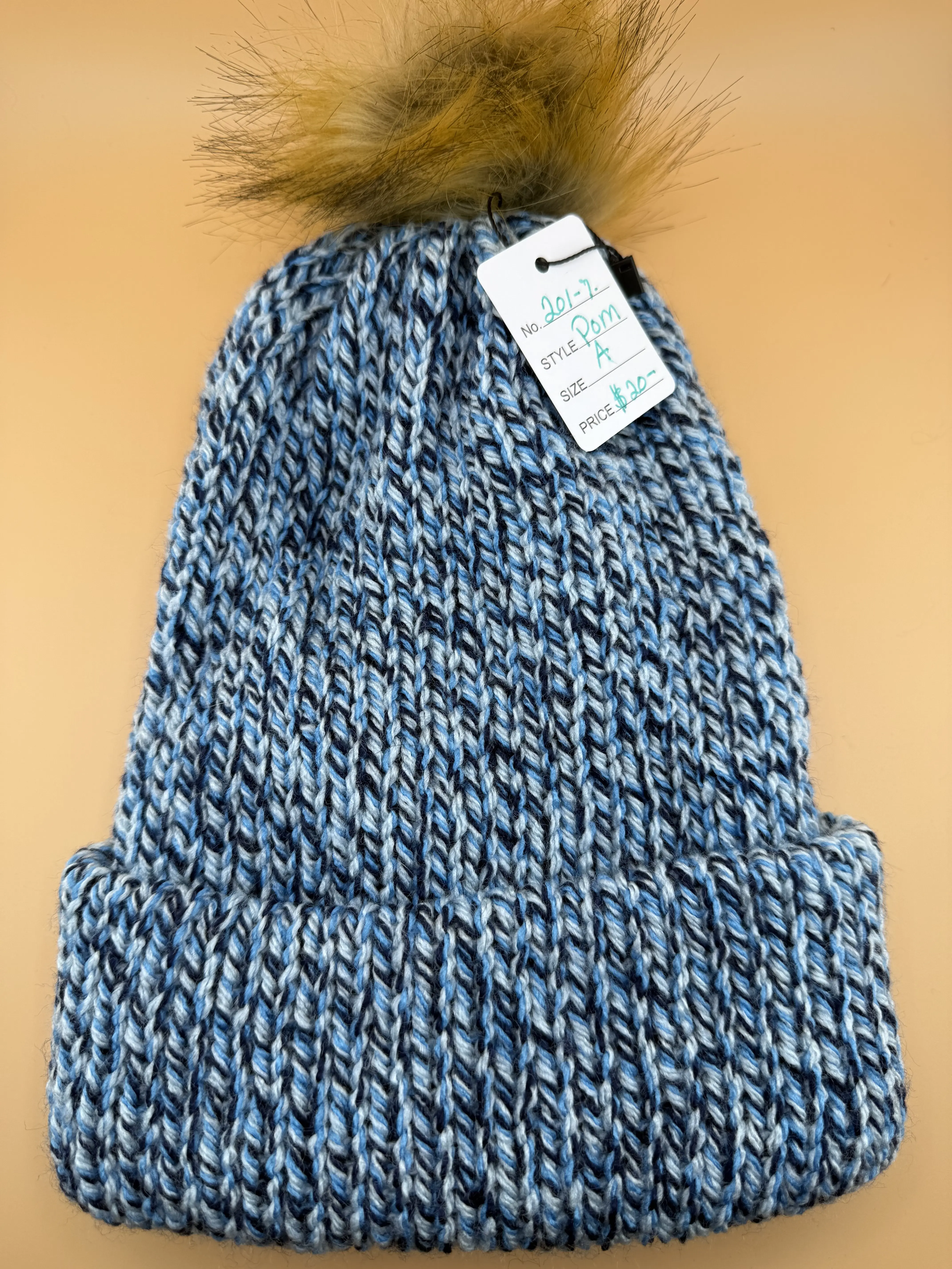 Speckle Blue Pom Hat with Faux Fur Pom Pom for Winter Fashion