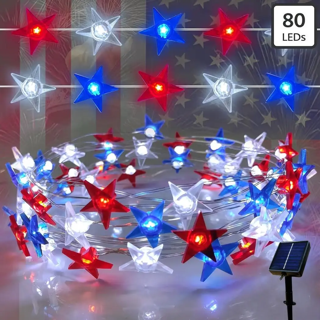 32.8-Foot Solar-Powered 80-LED Red, White, and Blue Star String Lights – Outdoor Waterproof – Decorative Lighting for Yards, Gardens, Camping, Weddings, and Holidays – Perfect for Easter, Independence Day, Parties, Gatherings, Eaves Decorations, and More