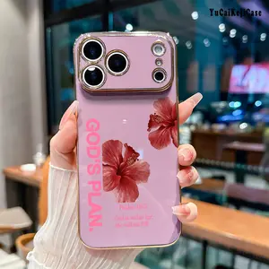 Phone Case for iPhone 17 15 Pro Max 16 14 Plus 13 12 11 X XS Max XR Red Hibiscus Cross Psalms 46 5 Golden Edge Elecroplated TPU Camera Lens Protection Shockproof  Christian Phone Cover Gift Smartphone Casing