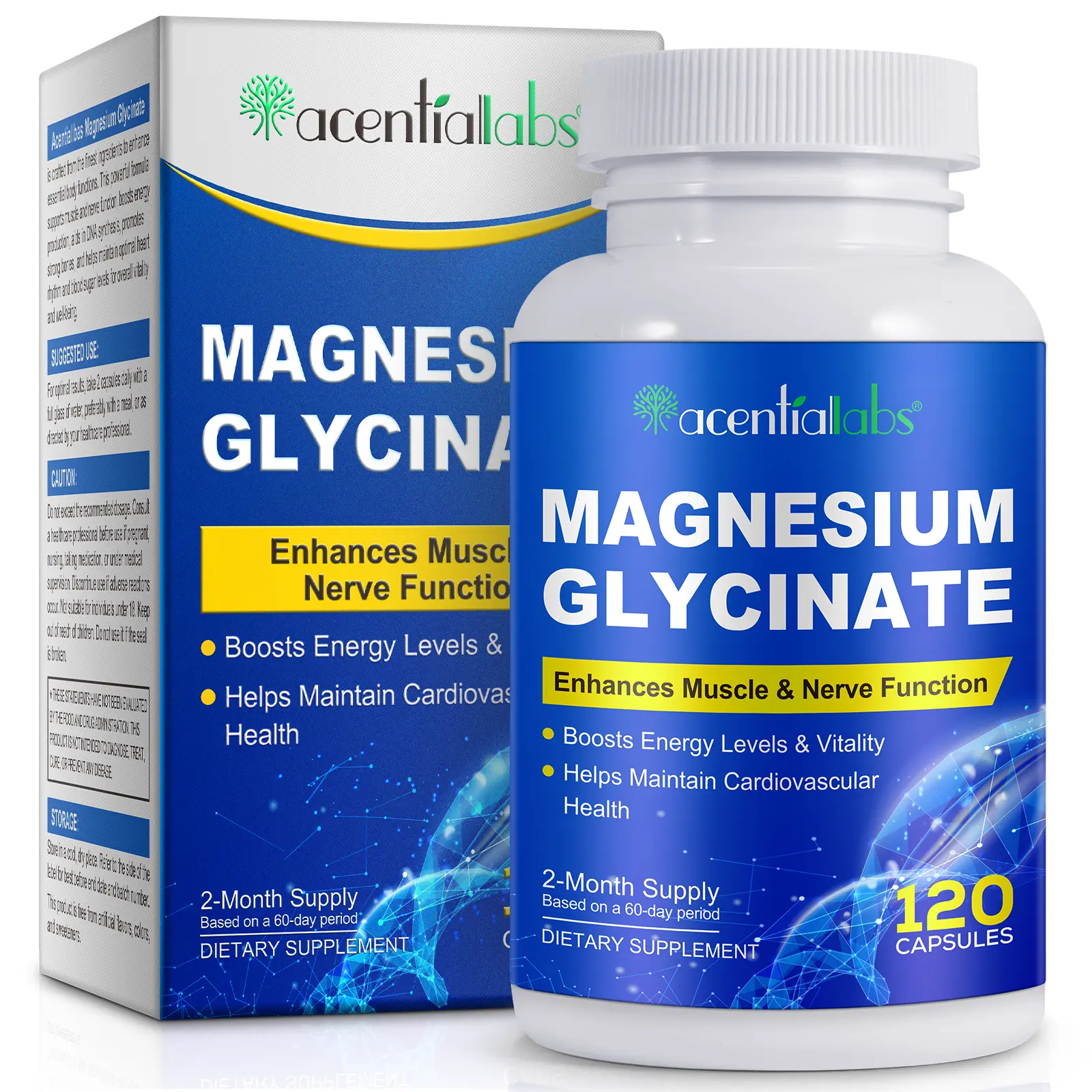 Acentiallabs Magnesium Glycinate, High Absorption Magnesium, 120 Magnesium Glycinate Capsules, 2 Month Supply