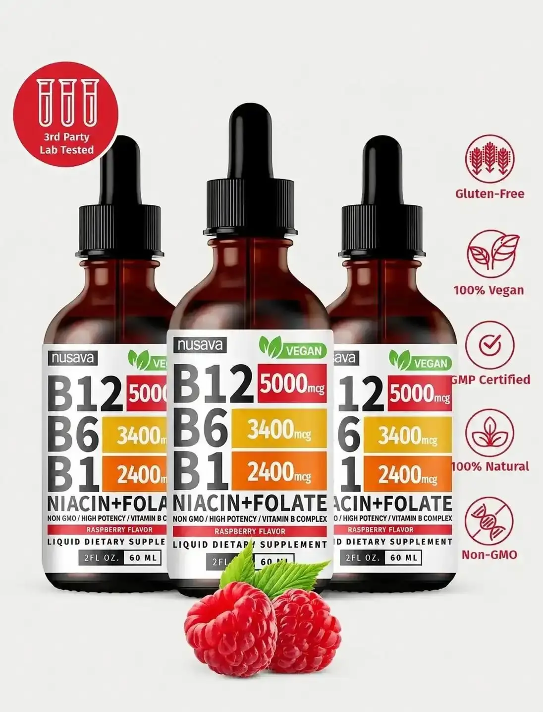 3 Bottles Vitamin B12 Liquid Supplement Drops with B6, B1, Niacin & Folate - Edible Support for Energy, Brain & Heart, Non-GMO & Gluten-Free, 4 Fl Oz Fitness Dietary NUSAVA