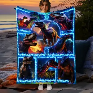 1Pc Cozy 3D Dinosaur Blue Flame Splice Print Blanket-Lightweight Flannel Throw For Sofa, Bed, Livingroom, Office, Couch, Travel, Camping, And Bed - Digital Printing Fleece Blanket With Soft And Warm Flannel Fabric, Gifts For Family Or Friends
