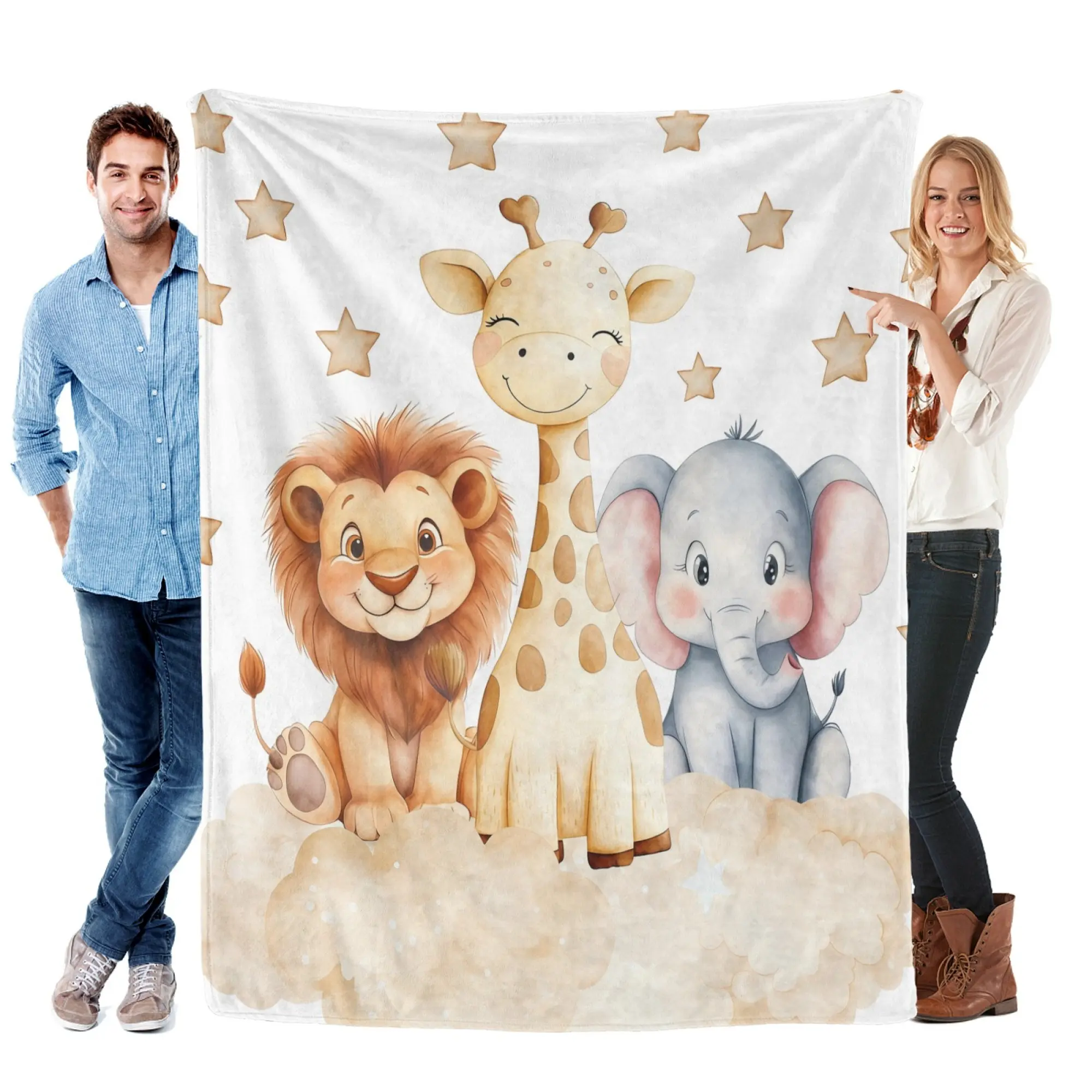 Baby Safari Animals Watercolor Flannel Throw Blanket, Ultra Soft Warm Fuzzy Plush Blanket for Crib Bed Sofa, Neutral Nursery Decor, Ideal Gift for Newborn Infant Toddler & Baby Shower