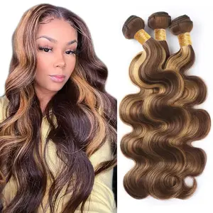 P4/27 Highlight Bundle Body Wave Human Hair Bundle Brown And Honey Blonde Bundles Unprocessed Virgin Hair 3 Bundles Hair Weave For Women Piano Color 14 16 18 Inch
