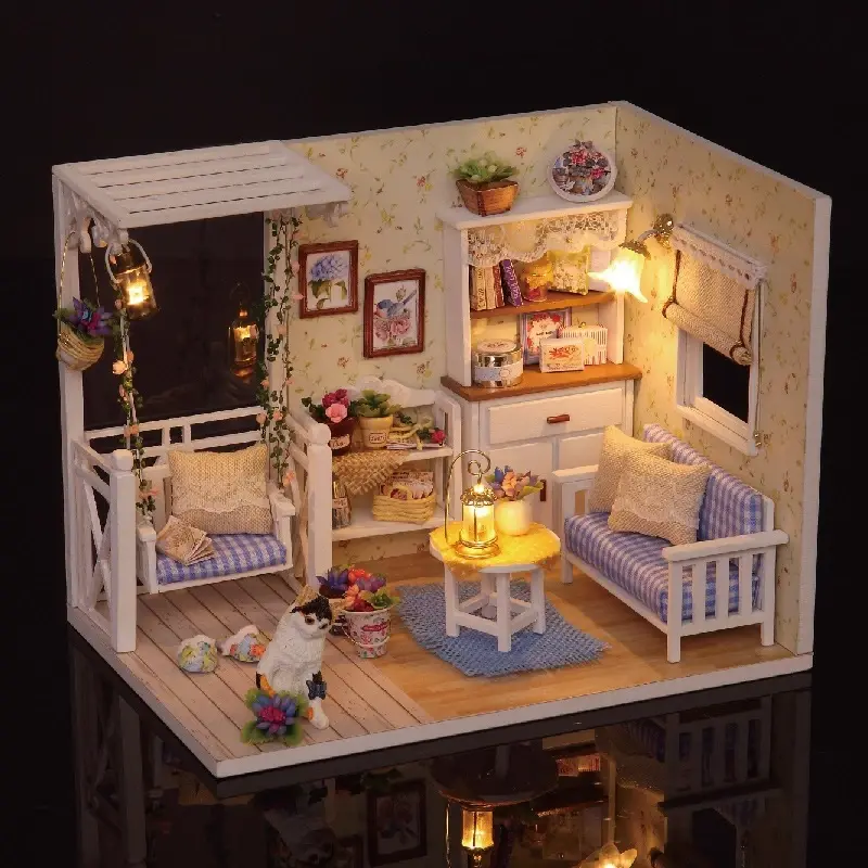 DIY Wooden Dollhouse Kit with LED Lights + Dust Cover – Handcrafted Miniature Home