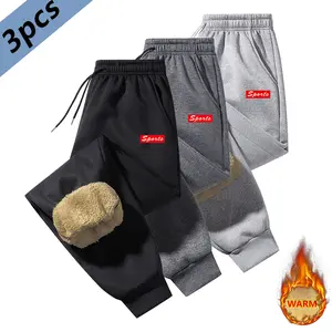 3pcs Men's Winter Fleece Lined Warm Pants, Made Of Polyester Fiber, Fleece Interior, Drawstring Waist And Ankle Design, Suitable For Outdoor Hiking Sports Running Casual Sweatpants, Men's Thermal Windproof Versatile Fleece Pants, Men's Jogger Pants