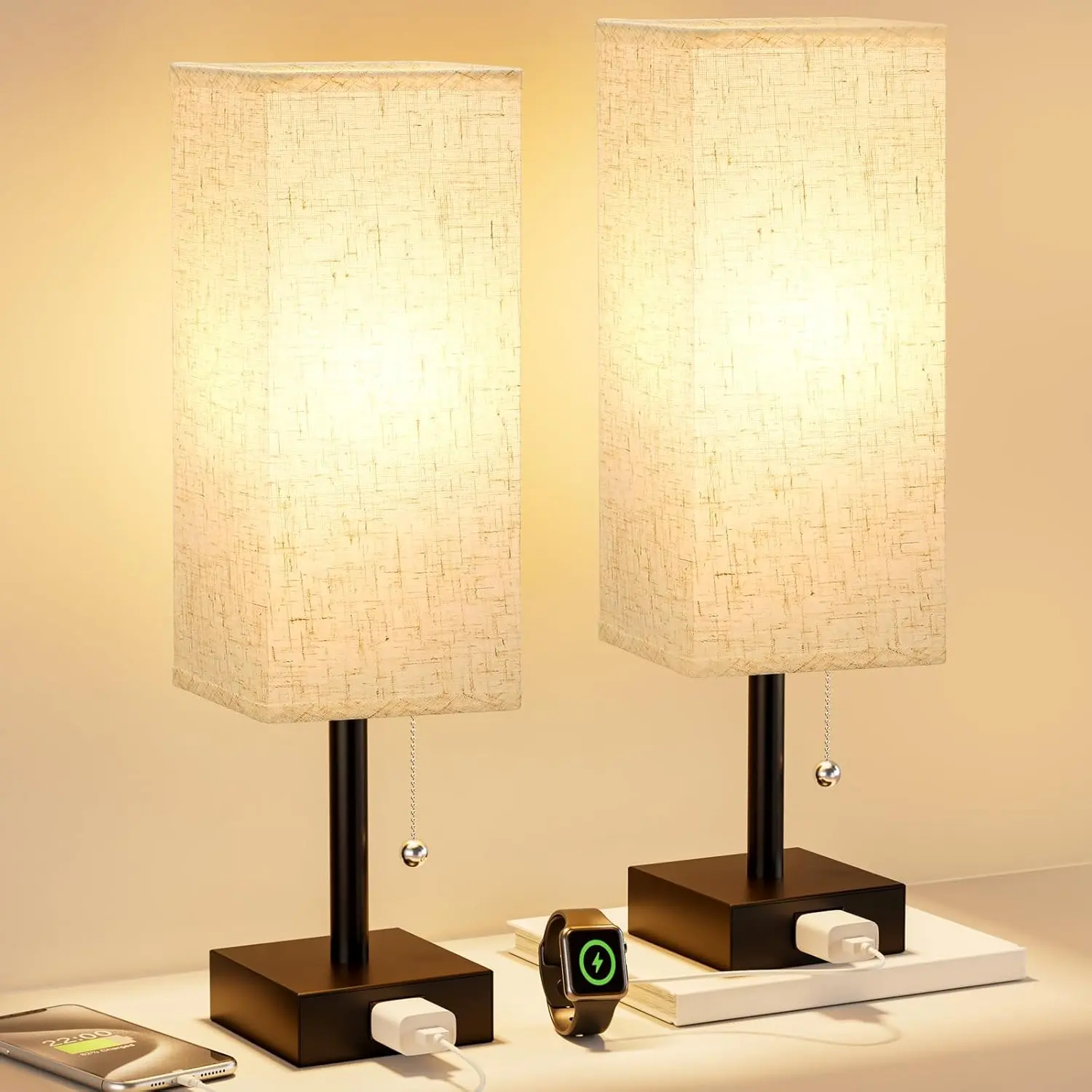 Bedside Table Lamps for Bedroom Set of 2 - Small Rectangular Nightstand Lamp with AC Outlet  Port, 3 Color Temperatures Desk Light with Bulb, Tabletop Reading Lamp for Living Room/Dorm/Office