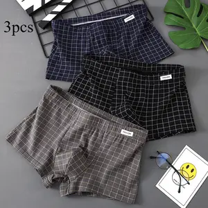 Men’s 3-Pack 100% Cotton Boxer Briefs, Antibacterial Breathable Mid Waist Underwear, Stylish Plaid Print Soft Trunks, Comfortable All-Day Wear Underpants for Daily Casual & Home