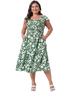 Agnes Orinda Plus Size Square Neck Flutter Sleeve Smocked High Waist Flowy Summer Midi Dress Green