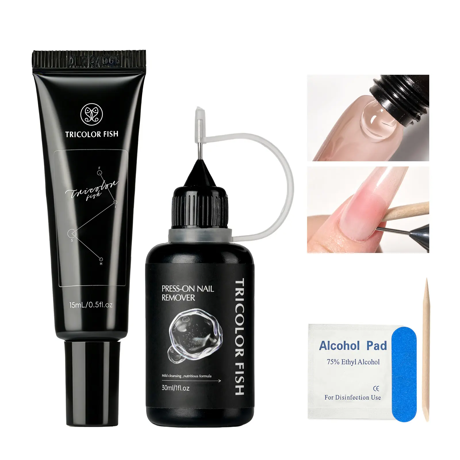 TRICOLOR FISH 15ml solid nail gel, 30ml remover. Requires UV/LED lamp curing. Super strong adhesive, suitable for acrylic soft nail tips, press-on nail art, nail extensions, etc. Rhinestone Glue Set