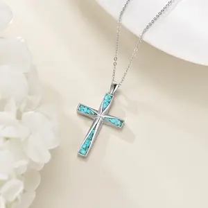 Cross Necklace Sterling Silvery Origami Turquoise Cross Pendant Necklace Religious Jewelry Gifts for Women Men