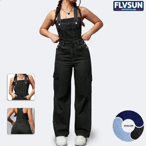 Flvsun Women's Sleeveless Basic Polyester Wide-Leg Cargo Overalls - Buckle Adjustable Straps, Adjustable Waist, Baggy Loose-Fit Bib Jumpsuit, All-Seasons Stylish Women's Clothing (Cargo Styling)