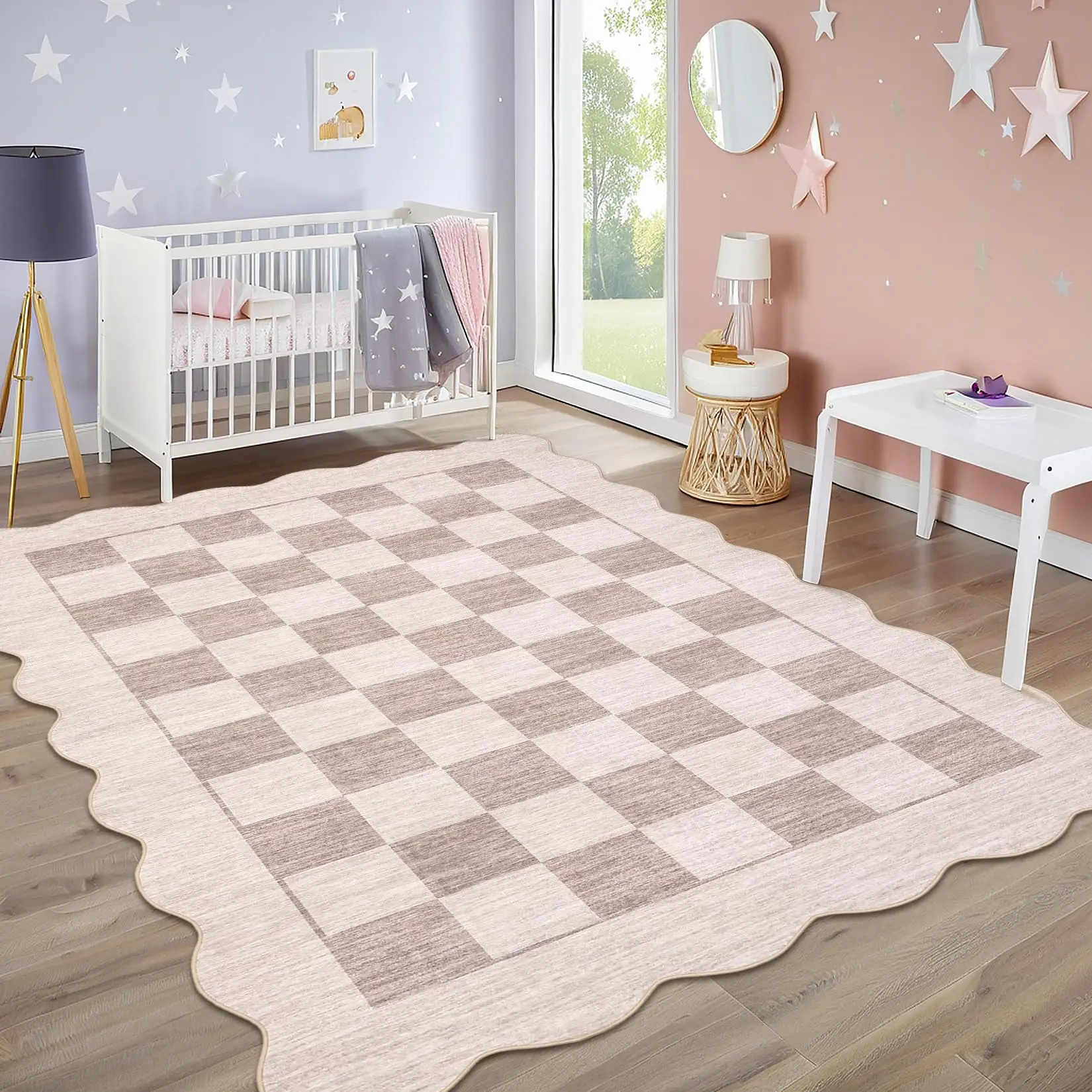 Garvee Modern Checkerboard Rug 8x10, Washable Scalloped Design with Non-Slip Rubber Backing, Soft Non-Shedding, Low Pile Thin Floor Covering, Indoor Foldable Printed Mat for Bedroom, Beige