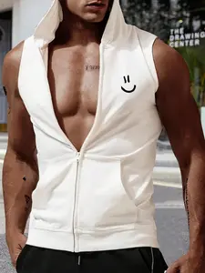 Men's Regular Fit Smile Face Print Zip Up Hooded Tank Top, Casual Comfy Breathable Sleeveless Hooded Top for Daily Wear, Menswear for All Seasons
