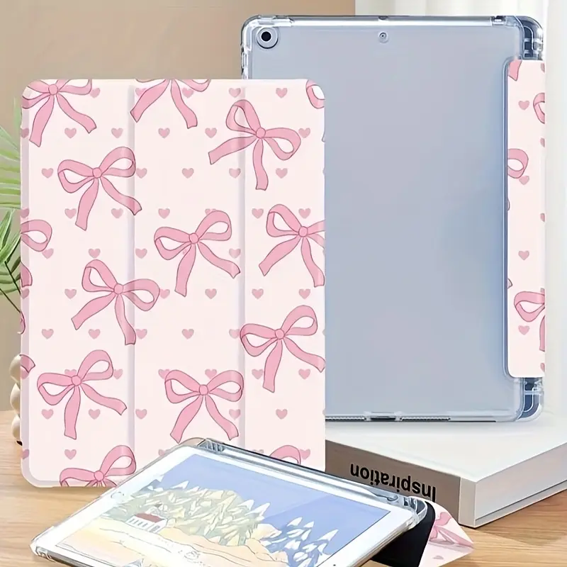 Love pink bow pattern, with adjustable bracket and pen slot, foldable non-slip TPU protective case, suitable for iPad mini, iPad Air, iPad Pro/iPad 10th generation, 11th generation and other series iPad protective cases