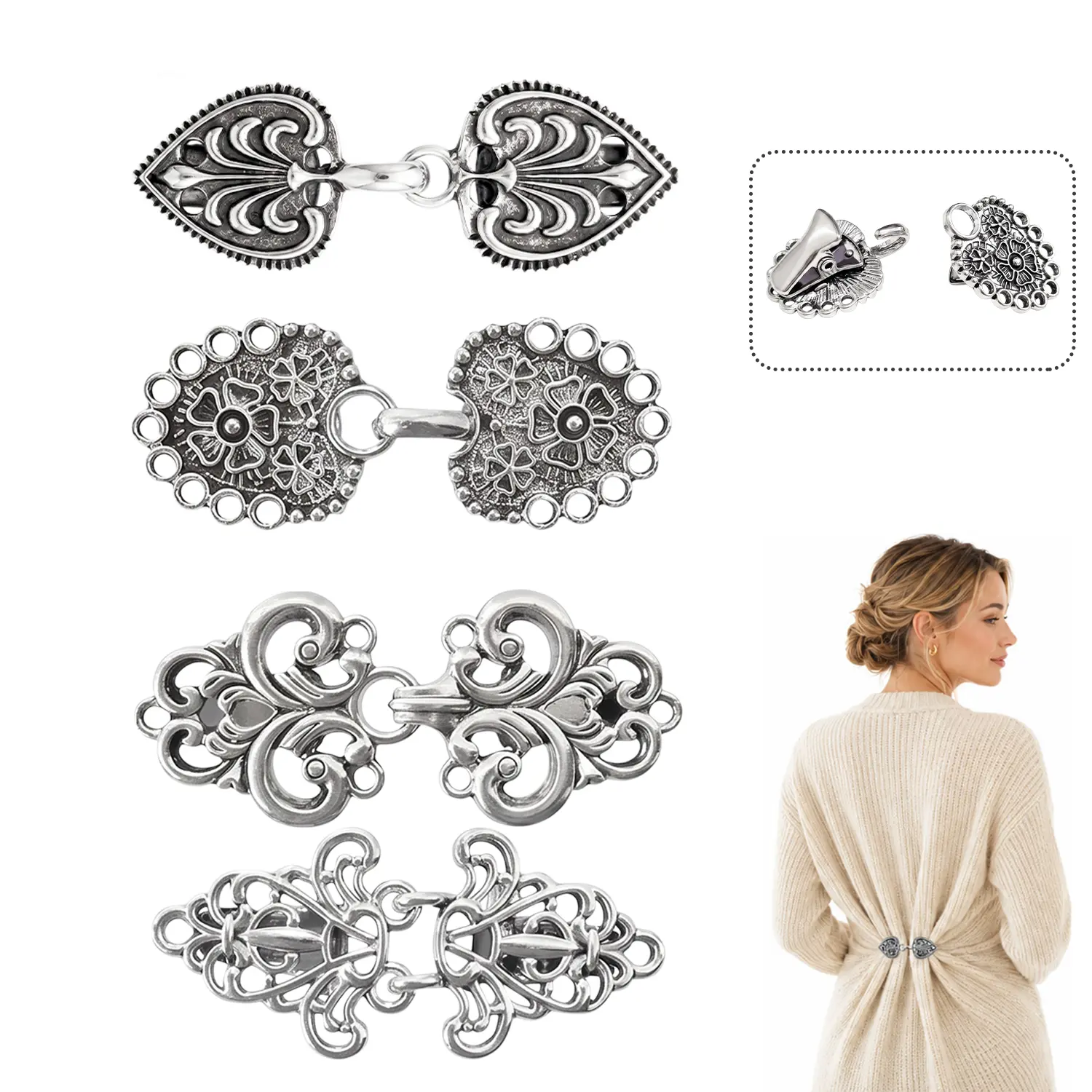 4 Pack Vintage Sweater Shawl Clips for Women, Retro Cardigan Brooch Clasps, Elegant Zinc Alloy Sweater Pins for Dresses, Scarves & Knitwear, Stylish Clothing Accessories for Wedding Party Daily Wear