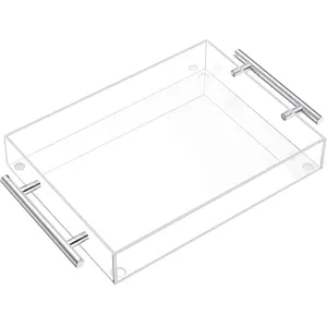 Clear Acrylic Serving Tray 16"x12" - Coffee Table Living Room Kitchen Decorative Tray with Silver Metal Handles, Bathroom Vanity Tray Perfume Cosmetic Storage Organizer