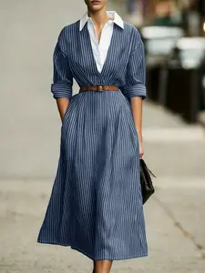 Women's Striped Dress, Fake Two-Piece Seven-Quarter Sleeve Shirt Collar Color Block Pocket Button Design, Casual Chic Dress, Casual Dresses, Casual Daily Commute Wear, Casual Chic Outfit