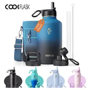 Coolflask 32/40/64/87/128oz Portable Insulated Water Bottle with Straw & 3 Lids, Stainless Steel Flask for Outdoor or Office, Travel Bottled Drinkware