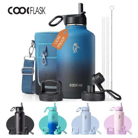 Coolflask BPA-Free Steel Portable Insulated Water Bottle - 32/40/64/87/128oz Tumbler, 3 Lids, Straw, Anti-Scalding, Explosion-Proof, 48hr Cold Retention, Easy Maintenance, Non-Freezer Safe, for Outdoor/Office Use